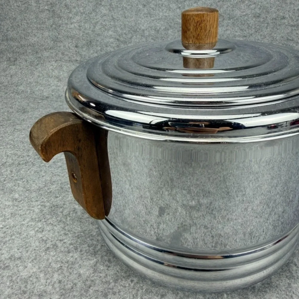 Vintage Keystone Chrome Ice Bucket Wood Handles Lid 2 Tongs Insulated Barware